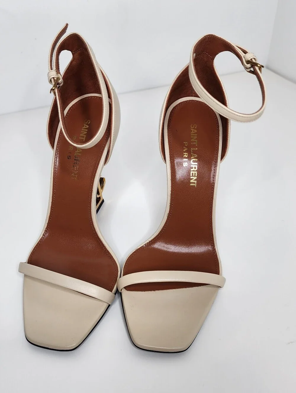 Saint Laurent Opyum 110 Leather Logo-Heel Sandals In Beige Size 35 - Picture 3 of 10